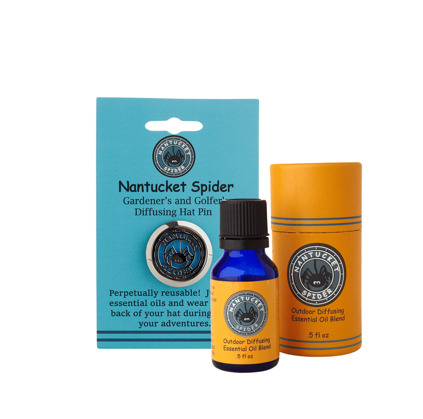 Gardener & Golfer's Diffusing Hat Pin and Outdoor Diffusing Essential Oil Blend Bundle - Nantucket Spider